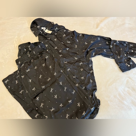 Aerie SET off Duty Satin Bow Pajama Set Shirt +  Pant Black Size NWT - Picture 12 of 12